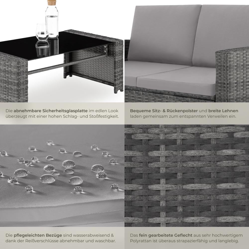 tectake Lounge Gartenmöbel Set Poly Rattan für den Garten, Möbel für den Balkon, 12-teilige Garten Lounge (wetterfest), Essgruppe mit Outdoor Sofa, Sessel und Tisch für 4 Personen (Grau/Hellgrau)