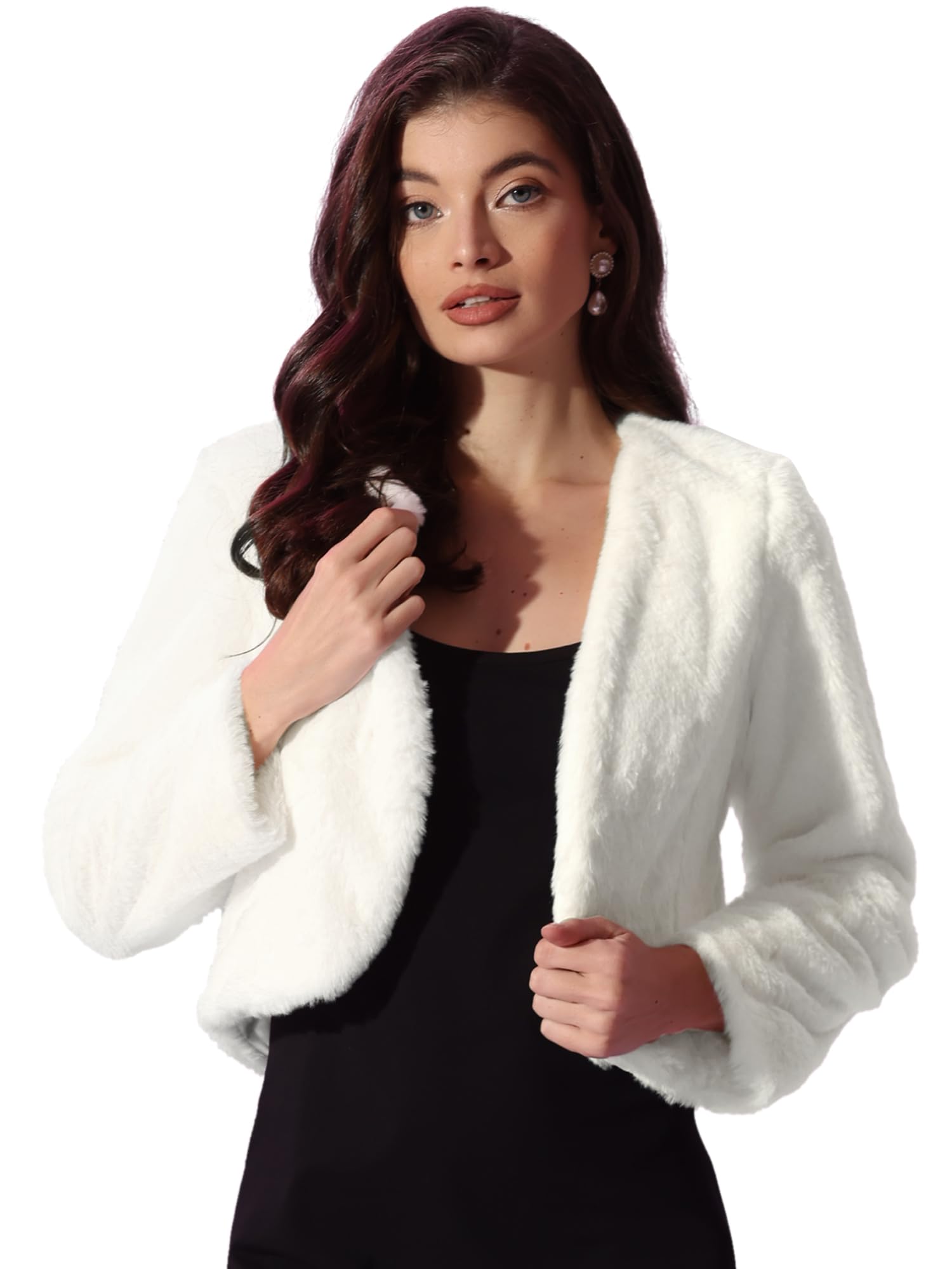 Allegra K Damen Langarm Kurze Jacke Kunstpelz Offen Front Crop Fell Hochzeits Braut Winterjacke