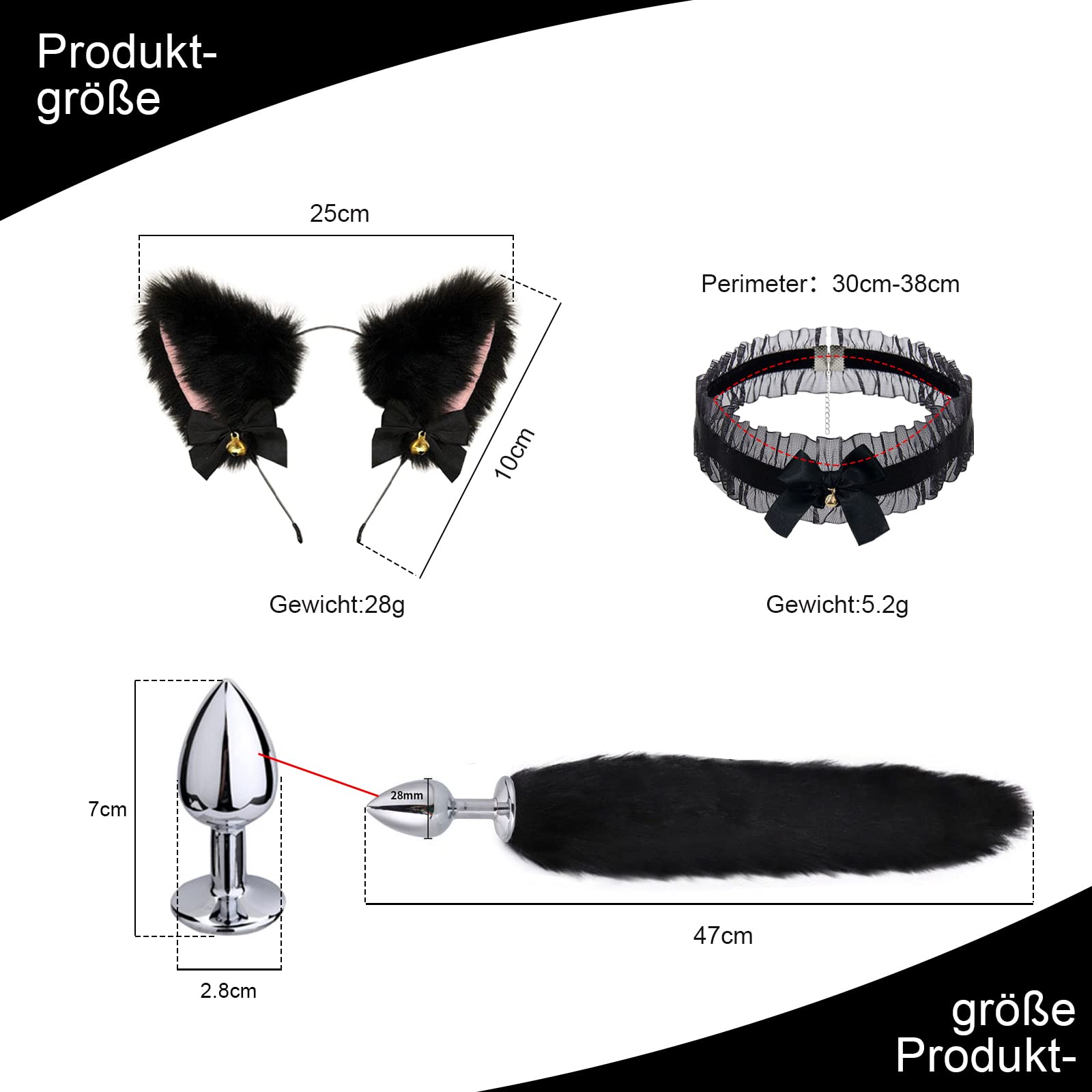 BDSMYOU Plug Anale per Coppie Cosplay con Coda di Volpe,Sex Toys Sexytoysys Coppia,Morsetti per Capezzoli + Collare + Orecchie di Gatto + Maschera per gli occhi,BDSM Bondagerie Accessori Donna (Nero)