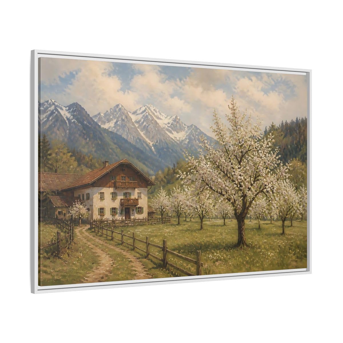 Spring Blossoms At Alpine Cottage Framed Canvas Print – Living Room, Above Sofa 48×32 inch (120×80 cm) - Horizontal/White / 1.25 inch (3 cm)