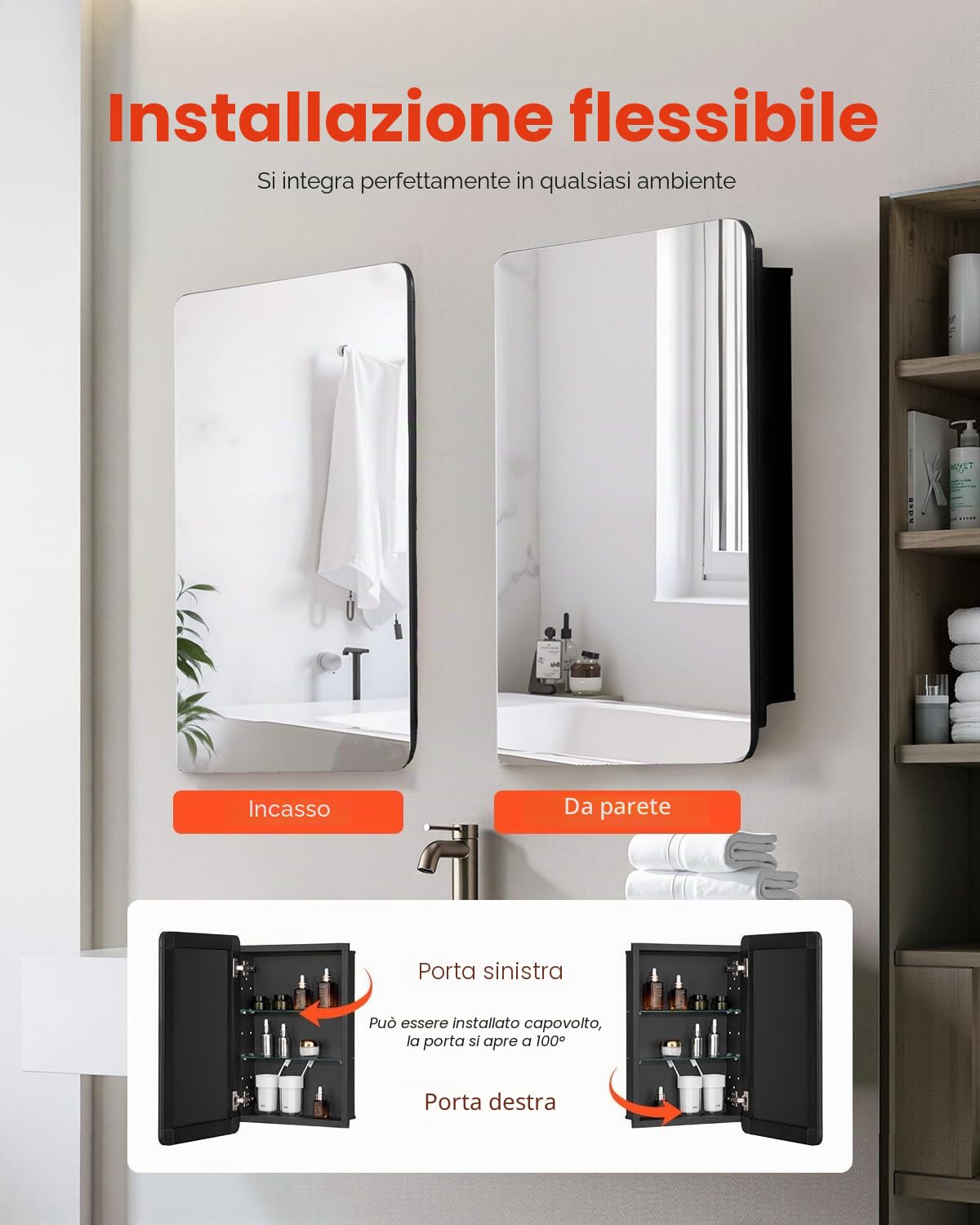 VEVOR Armadietto per Medicinali 406 x 610 mm Armadietto per Medicinali con Specchio per Bagno con Anta a Specchio, Ripiani in Vetro Regolabili, Installazione a Incasso e a Parete, Telaio in Alluminio