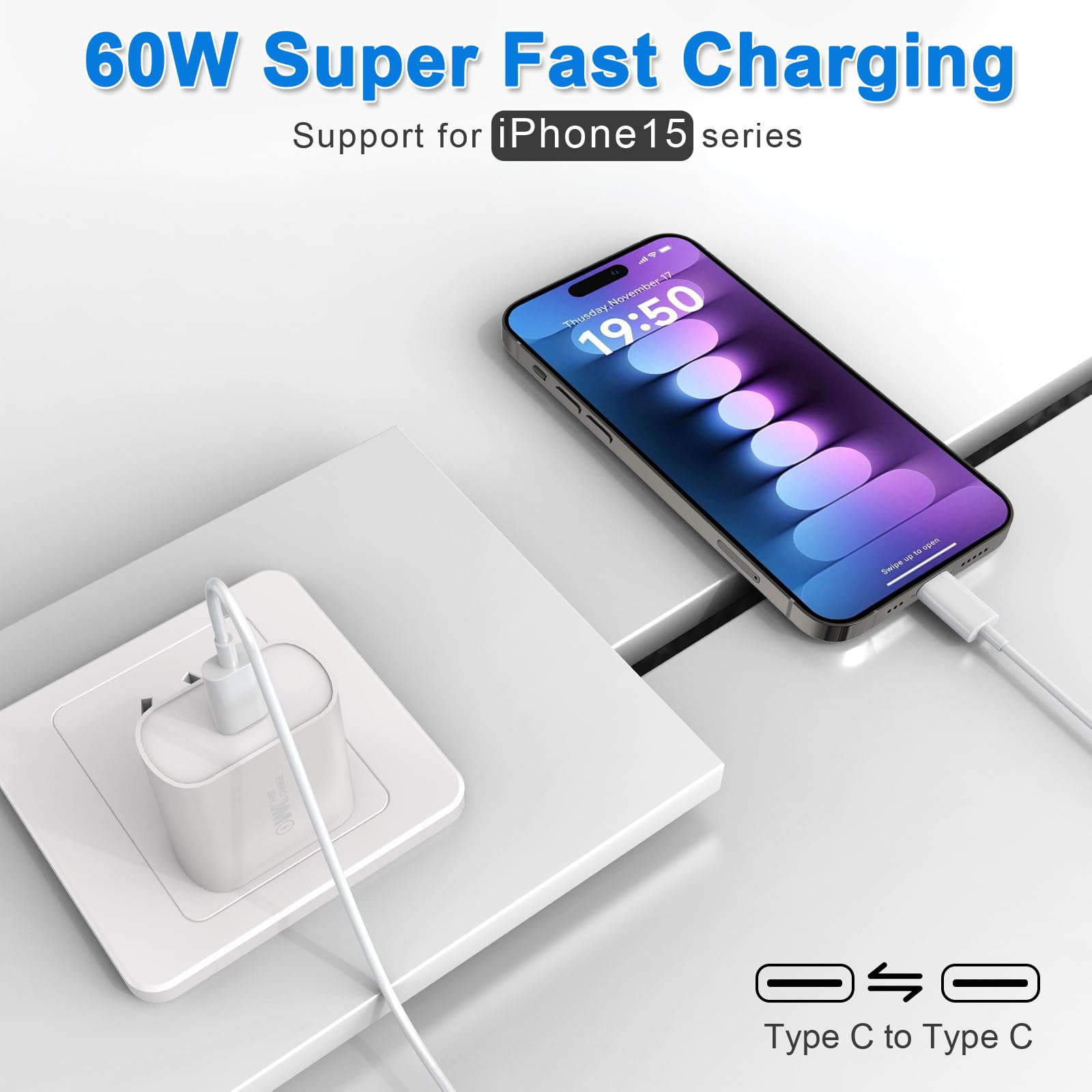 Cable USB C a USB C de 60 W, paquete de 4 [1 pie+3 pies + 6 pies + 10 pies] Cable de carga rápida USB C tipo C para iPhone 15 Pro Max/15 Pro/15 Plus/15, iPad Pro 2022, Mac Book Air, Samsung Galaxy S23