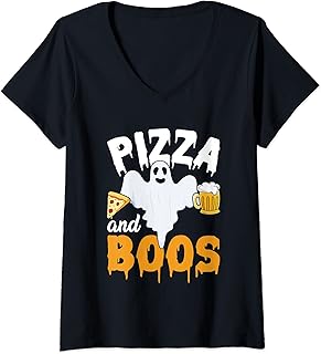Womens Pizza And Boos Funny Halloween Ghost Pizza Lover Beer V-Neck T-Shirt