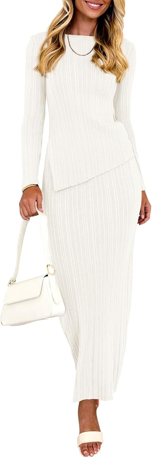 PrettyGarden women two-piece outfit, long sleeve, slit hem top, midi bodycon skirt, knit sweater set.