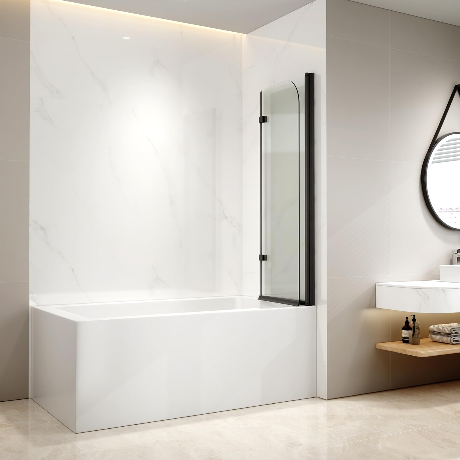 EMKE Mampara de bañera plegable 100x140cm,2 hojas pivotantes, Borde negro | mampara bañera de cristal de seguridad de 6 mm, Giratorio 180°,style industriel,Revestimiento nano fácil de limpiar