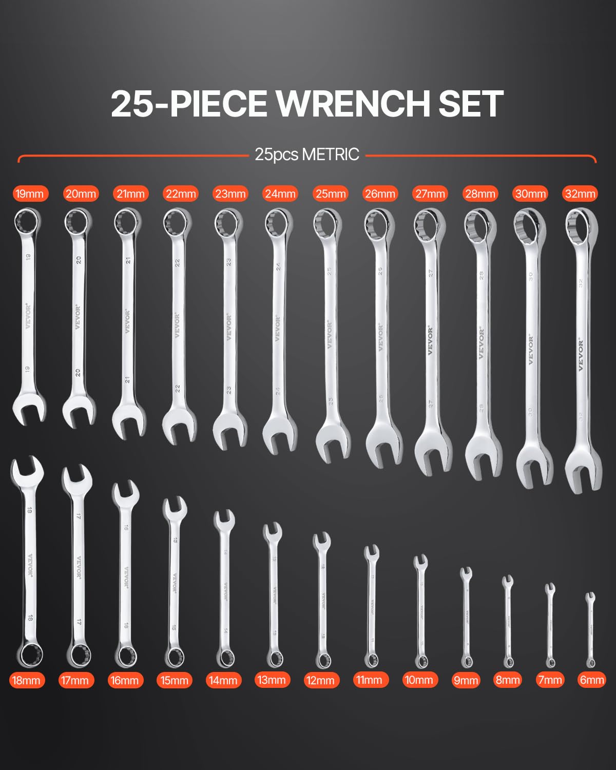 VEVOR Jeu de Clés Mixtes 25PCs, Clés à Fourche Métrique 6-32 mm, Clé Plate en Acier au Carbone, avec Pochette Enroulable, pour Travaux Ménagers Généraux, Réparations Automobiles, Garage, Atelier