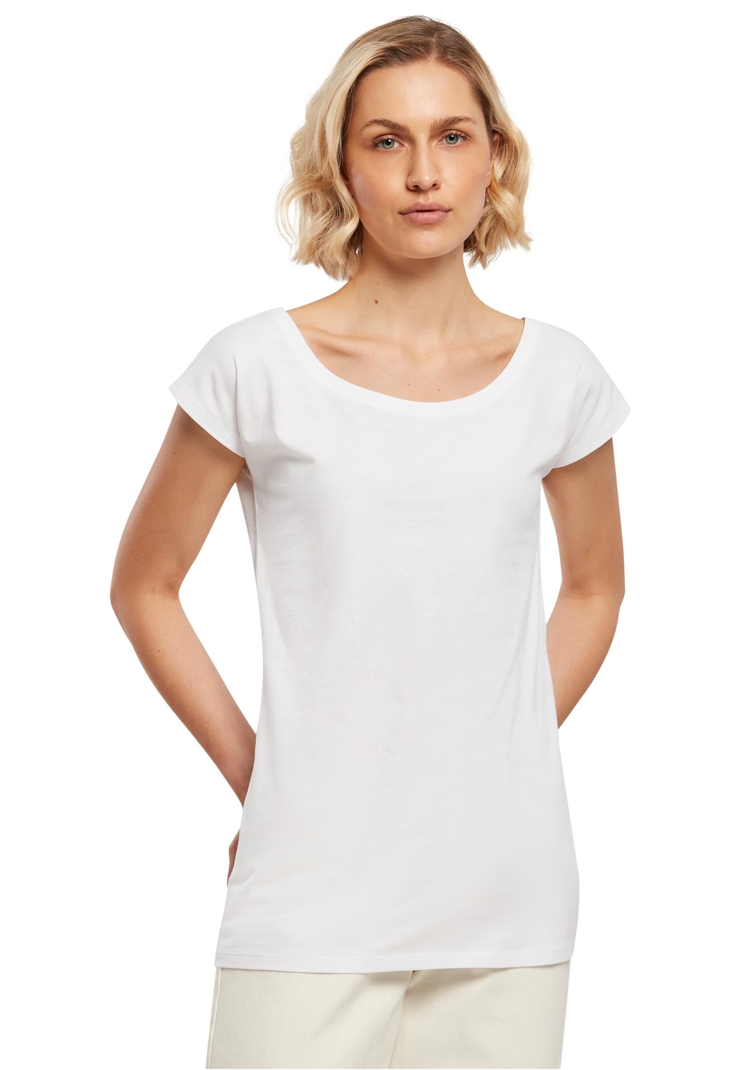 Build Your Brand Women's Wide Neck T-Shirt, White, Large