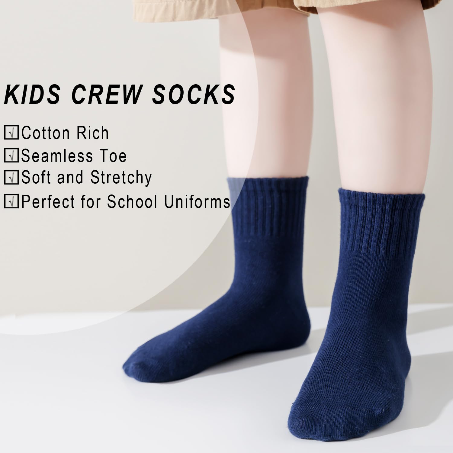 EPEIUS Unisex Kids Crew Socks Toddler Boys Dress Sox Soft Cotton Seamless School Socks for Girls 1T 2T 3T Navy 6 Pairs XS
