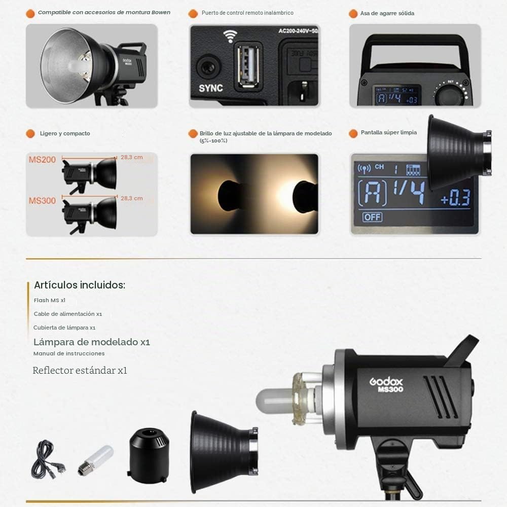 Godox MS300 Lámpara Flash de Estudio Compacto, Incluye Reflector AD-R6，Bowen Mount, 300W, Anti-preflash, Lámpara de Modelado, Función Flash Antiniebla