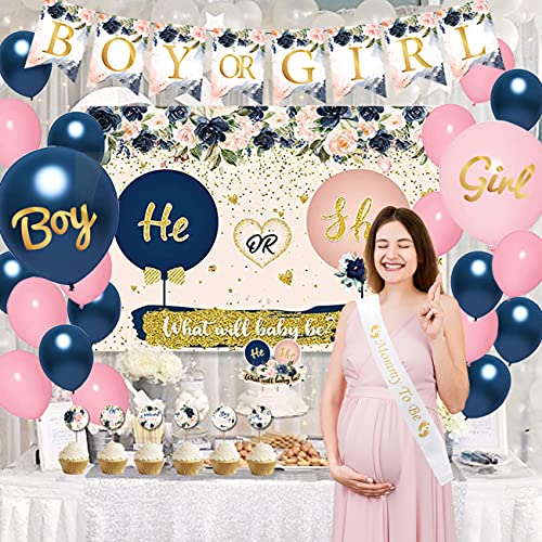 Gender Reveal Decorations,Gender Reveal Party Supplies,Boy or Girl Balloons,He or She Reveal Backdrop Sign Tableware Set for Baby Shower Party Supplies — view 4
