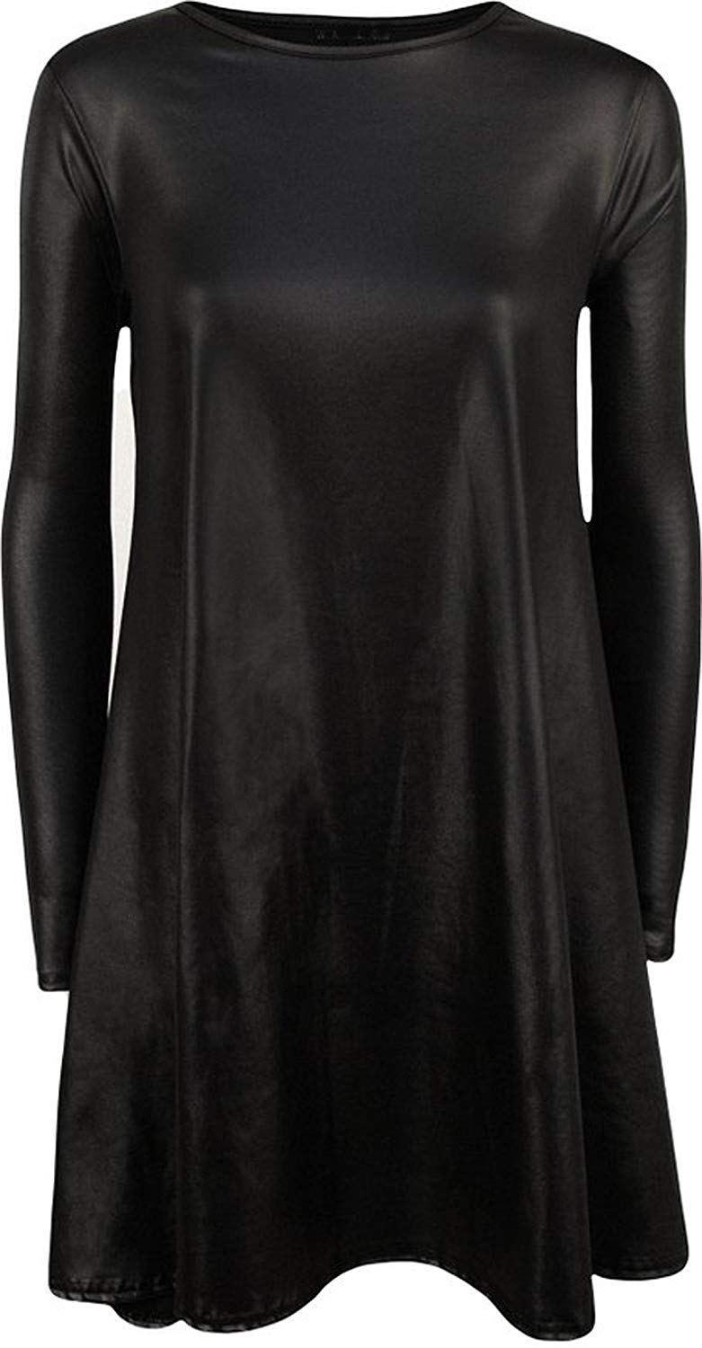 GirlzWalk@ Womens Faux Leather Ladies Elastic Waistband Bodycon Stretch Wet Look Pencil Fitted Tube Midi,Mini Skirts All Wet Look Variety (Long Sleeve PVC Swing Dress, XXL/UK 20-22)