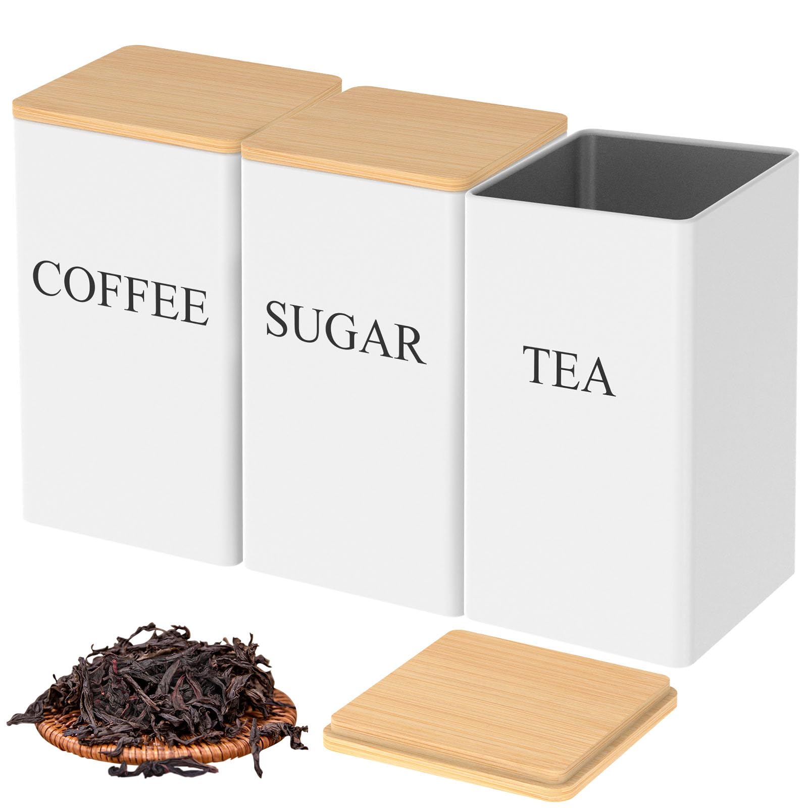 Tea Coffee and Sugar Canisters Set 1000ML Metal Coffee Tea Sugar Container with Airtight Bamboo Lid and Name Marker Kitchen Storage Jar Square Tea Canister Jar for Tea Coffee Sugar Home Kitchen Decor