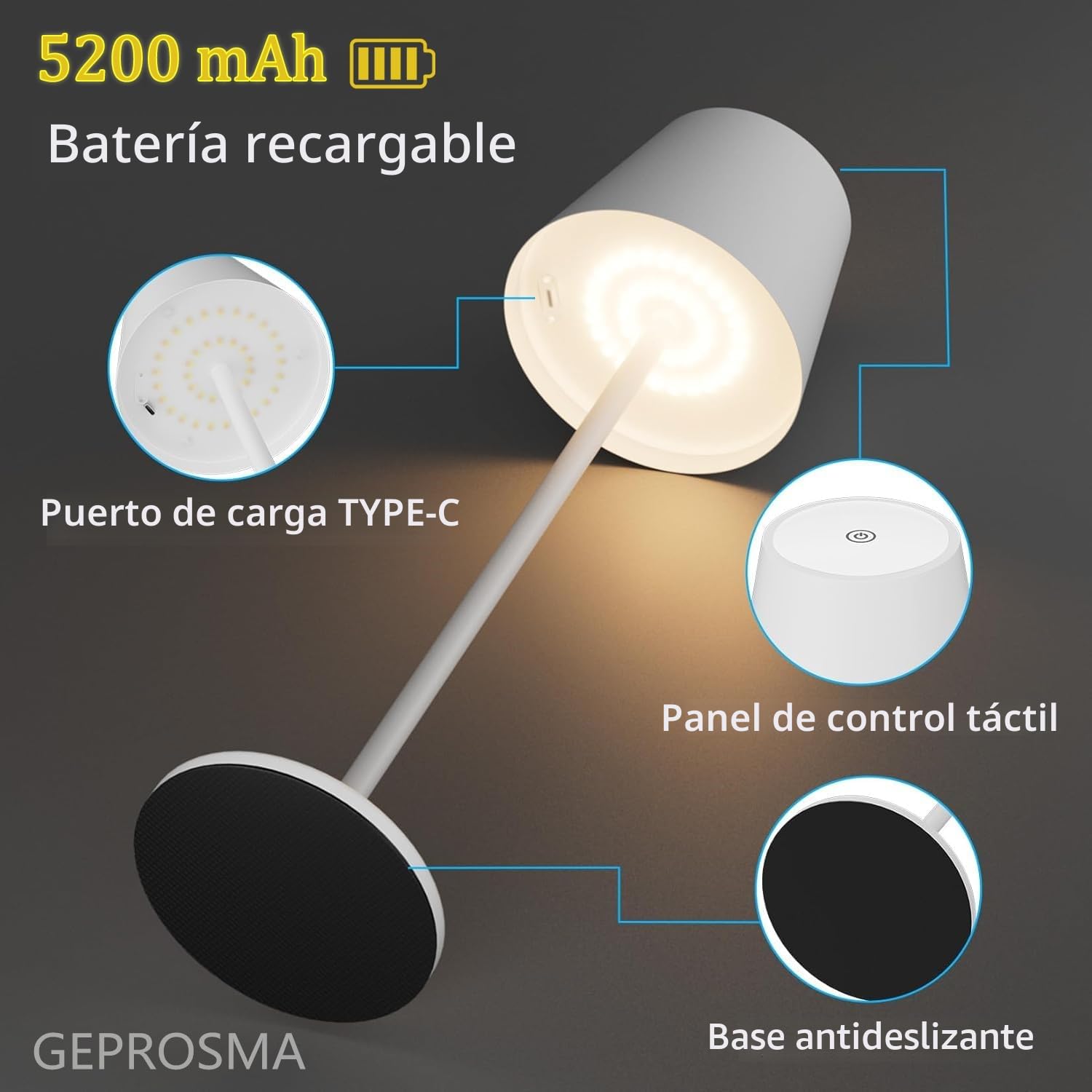 Lamparas de Mesita de Noche sin Cable 2 Piezas, 38CM Metal Lampara Inalambrica de Mesa Escritorio Recargable con Batería 5200mAh, IP54,USB C,Portatil,para Dormitorio Salon,3 modos, Regulable