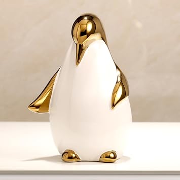 Porcelain Golden Penguin Statue Ceramic Table Sculpture, Gold Antarctic Goose Standing Figures Animal Figurines Home Decor, Desktop Art Ornament for Living Room Book Shelves TV Bar Gold-downward