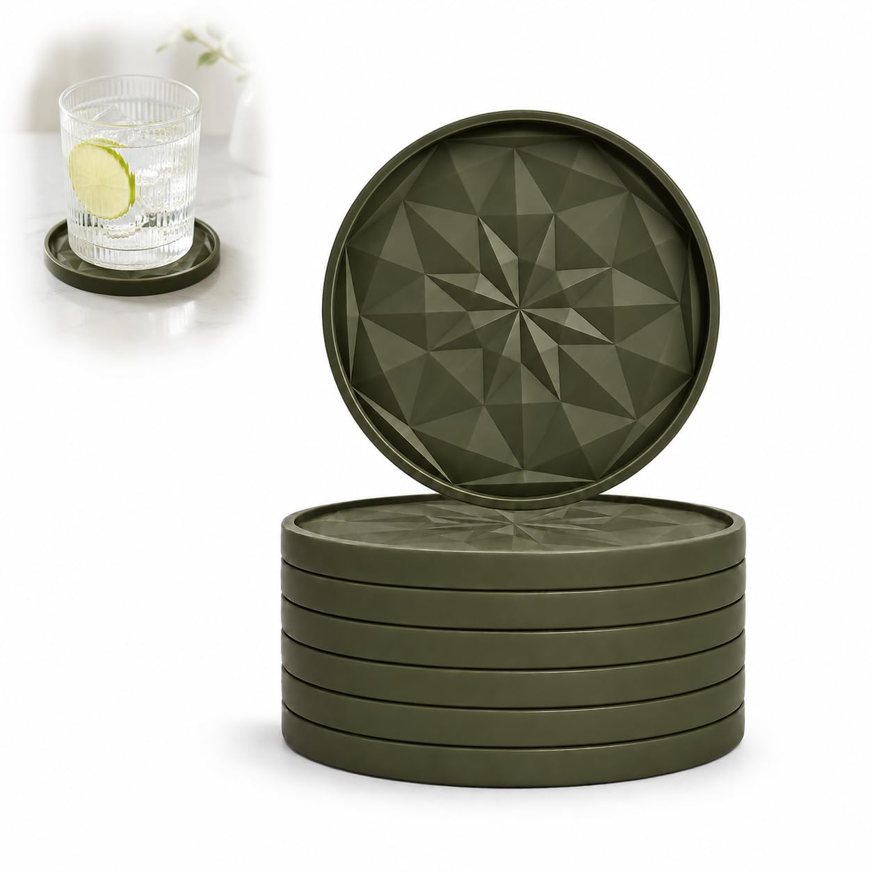 6pcs Silicone Coasters, 10cm, Army Green — image 1