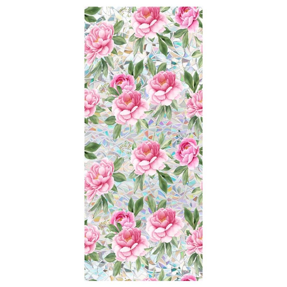 Rainbow Peony Window Privacy Film Sun Blocking 3D Decorative Peonies Floral Style PVC Stained Glass Window Decals Non-Adhesive Static Cling Sticker for Home Office, 16.93 x 39.37 Inch / 43 x 100 cm