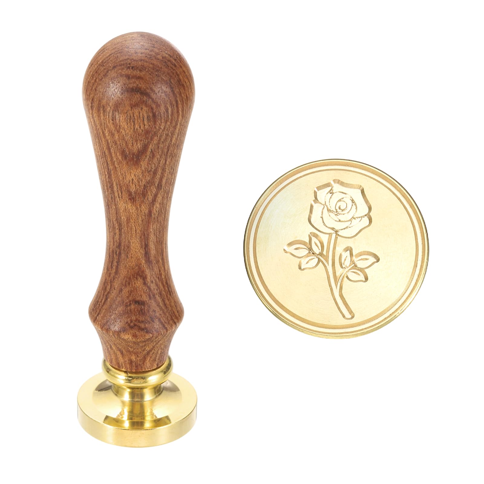 sourcing map Vintage Wax Seal Stamp, 25mm Flower Brass Head and Wooden Handle Stamps for Personalized Halloween Christmas Wedding Cards Gift Envelopes Invitation Sealing, Rose93