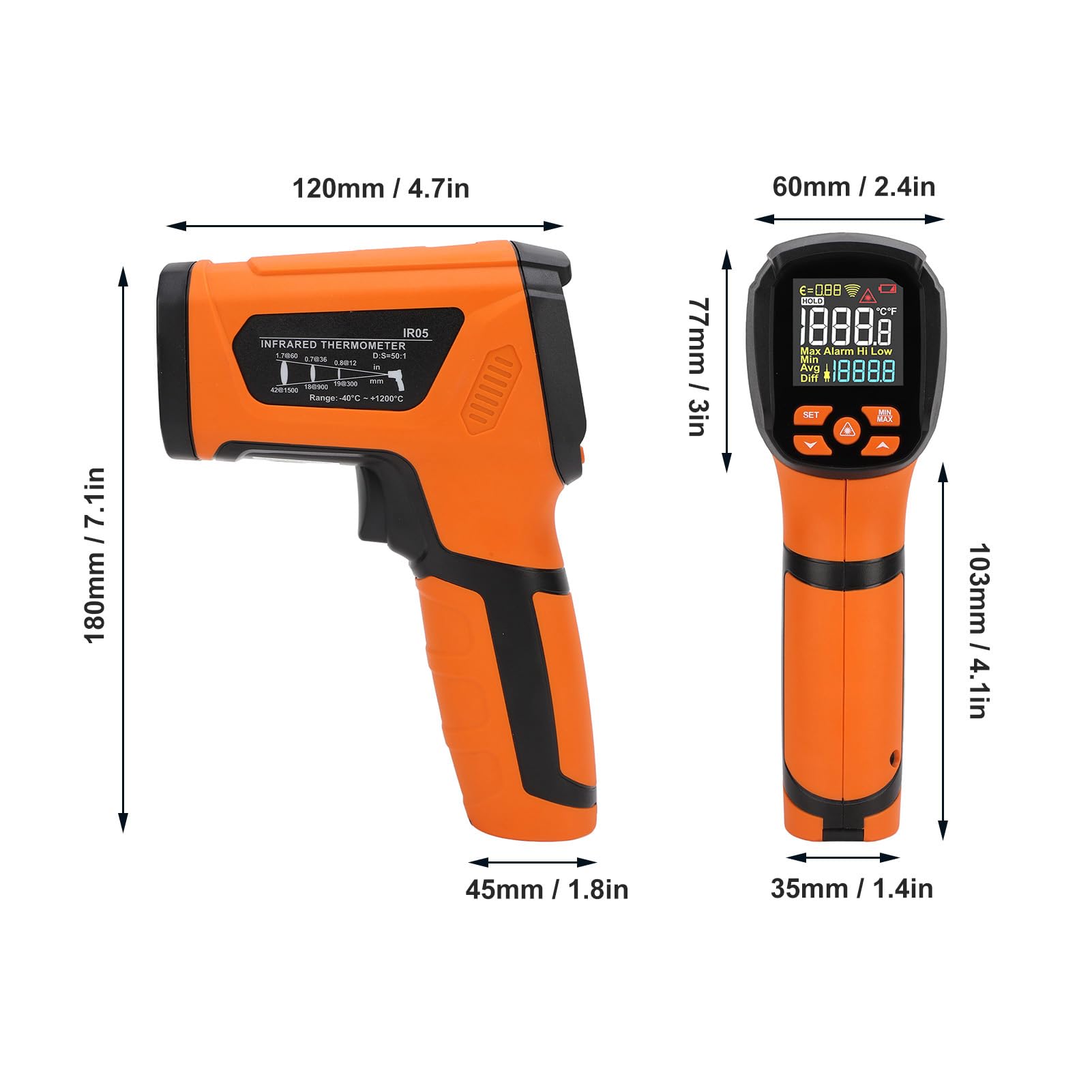 Thermomètre Infrarouge de Haute précision avec écran Couleur Rapport 50:1 for Usage Industriel -40-1200 ℃ Thermomètre Infrarouge