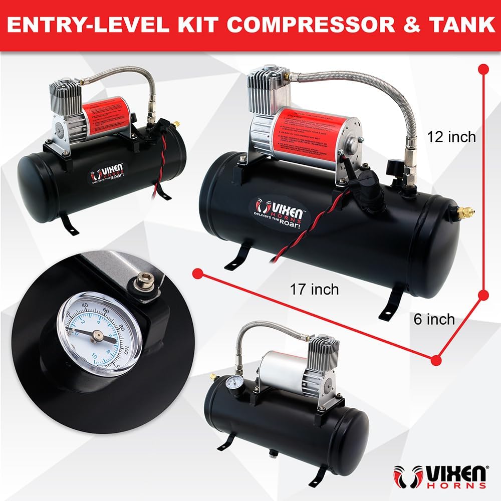 Vixen Horns Train Horn Kit for Trucks/Car/Semi. Complete Onboard System- 150psi Air Compressor, 1.5 Gallon Tank, 4 Trumpets. Super Loud dB. Fits Vehicles like Pickup/Jeep/RV/SUV 12v VXO8530/4124B