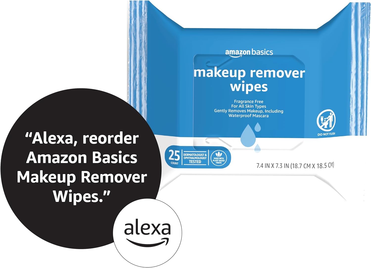 Amazon Basics Makeup Remover Wipes, Gentle Cleansing, Dermatologist Tested, Fragrance-Free, Plant Based, Alcohol-Free, Removes Waterproof Mascara, 25 Count Per Pack, Pack of 1