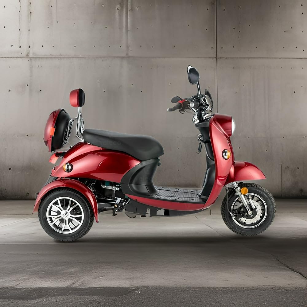 VELECO ZT63 - Scooter de movilidad de 3 ruedas - Totalmente ensamblado y listo para usar - Diseño de estilo italiano - Alta capacidad de carga - Asiento cómodo (ROJO)