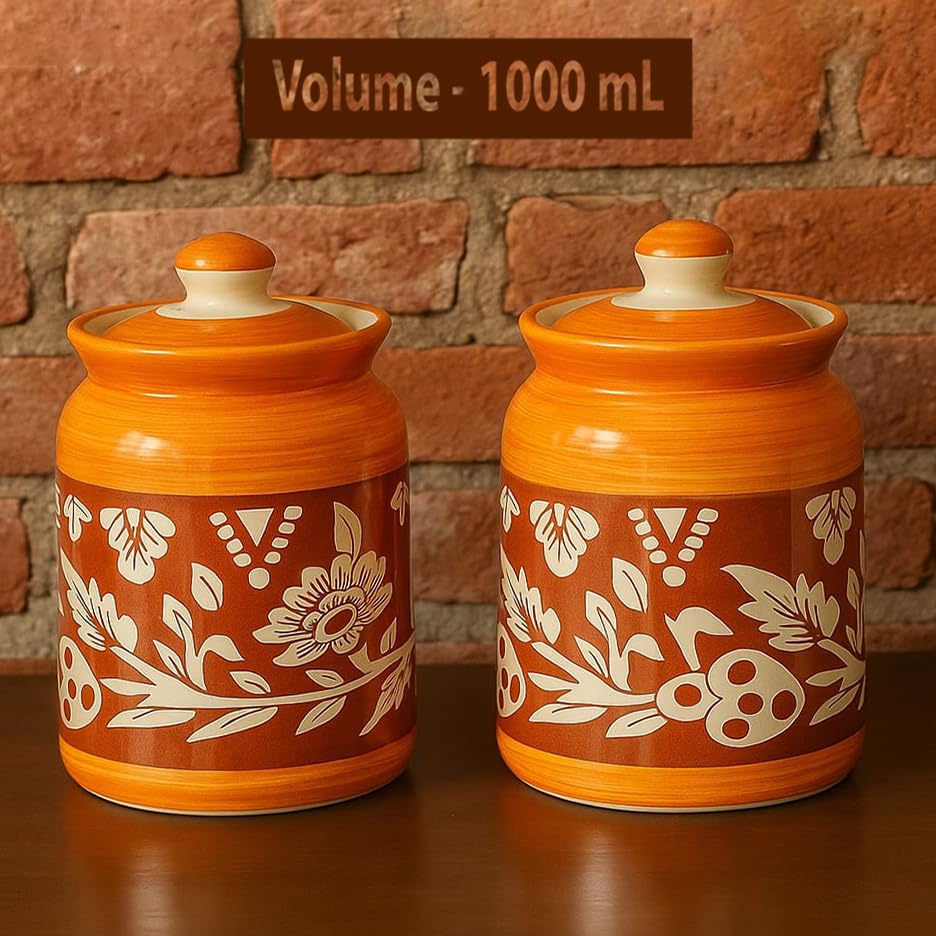 Image of D'Maiolica Pickle Jar in 1000ml (set of 2) | Handpainted Floral Barni Jadi 1 kg Achaar Martban Salt Containers | Kitchen Ceramic Jars for Kitchen Storage (Pack of 2) (Yellow Red Full Floral)