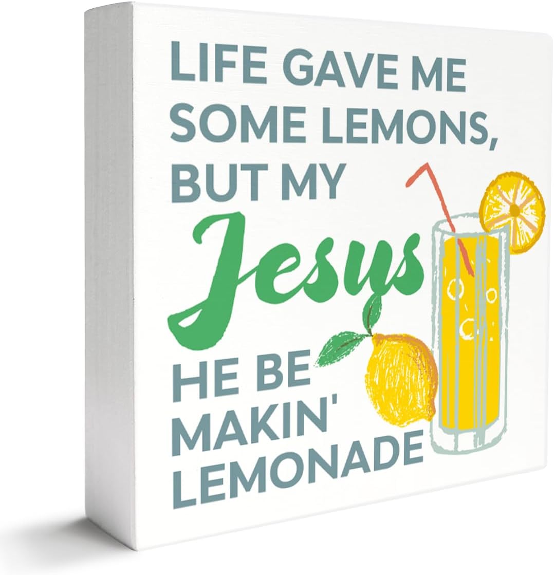 Christian Desk Decor Sign, Italy Italian Lemon Home Office Religious Decor Scripture Bible Verse Desk Decoration Christian Christening Baptism Gifts for Women Men, Jesus He Be makin' Lemonade
