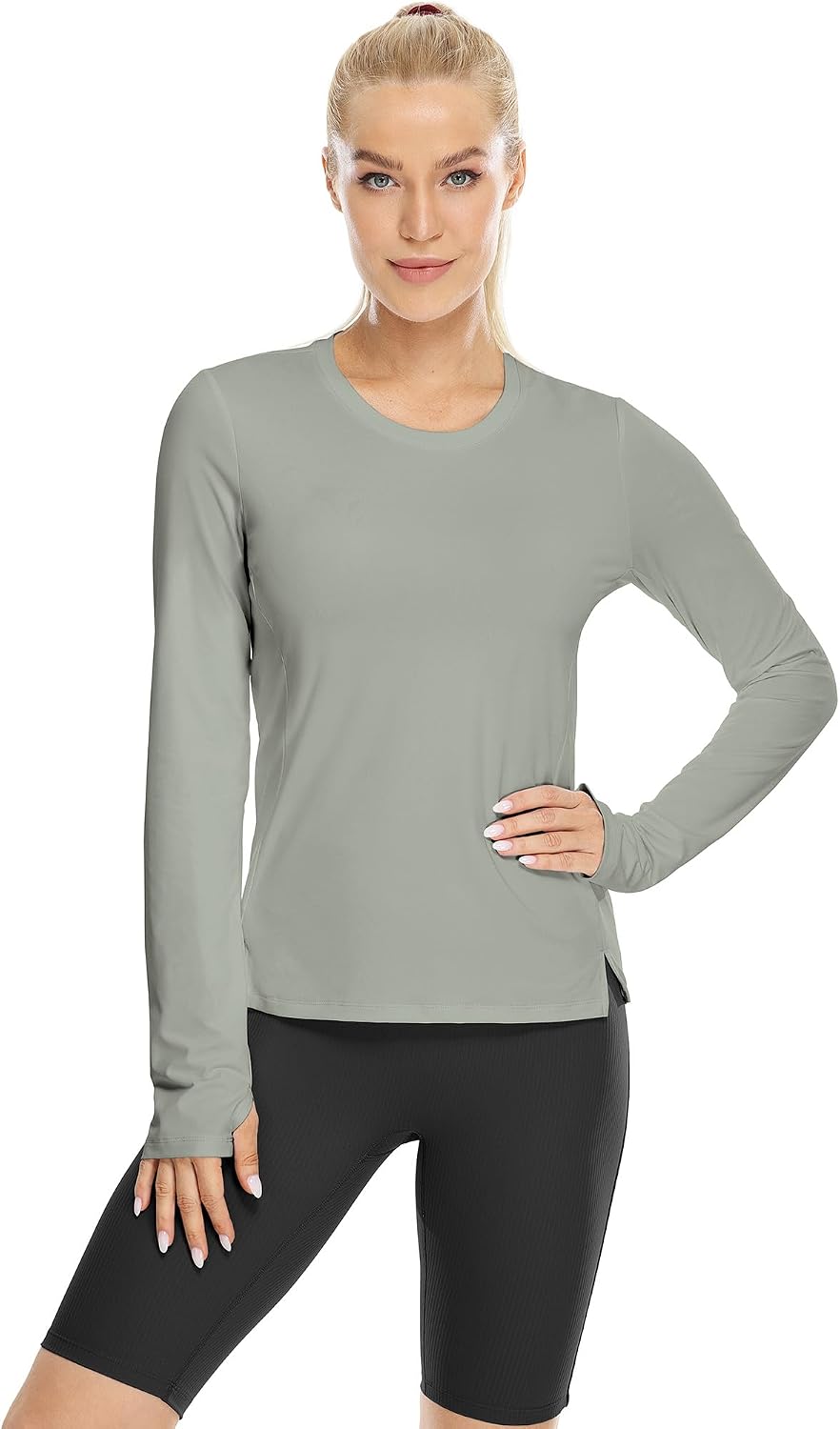 icyzone Women's Long Sleeve Workout Shirts, Athletic Crewneck Yoga Tops, Quick Dry Running T-Shirt with Thumb Holes