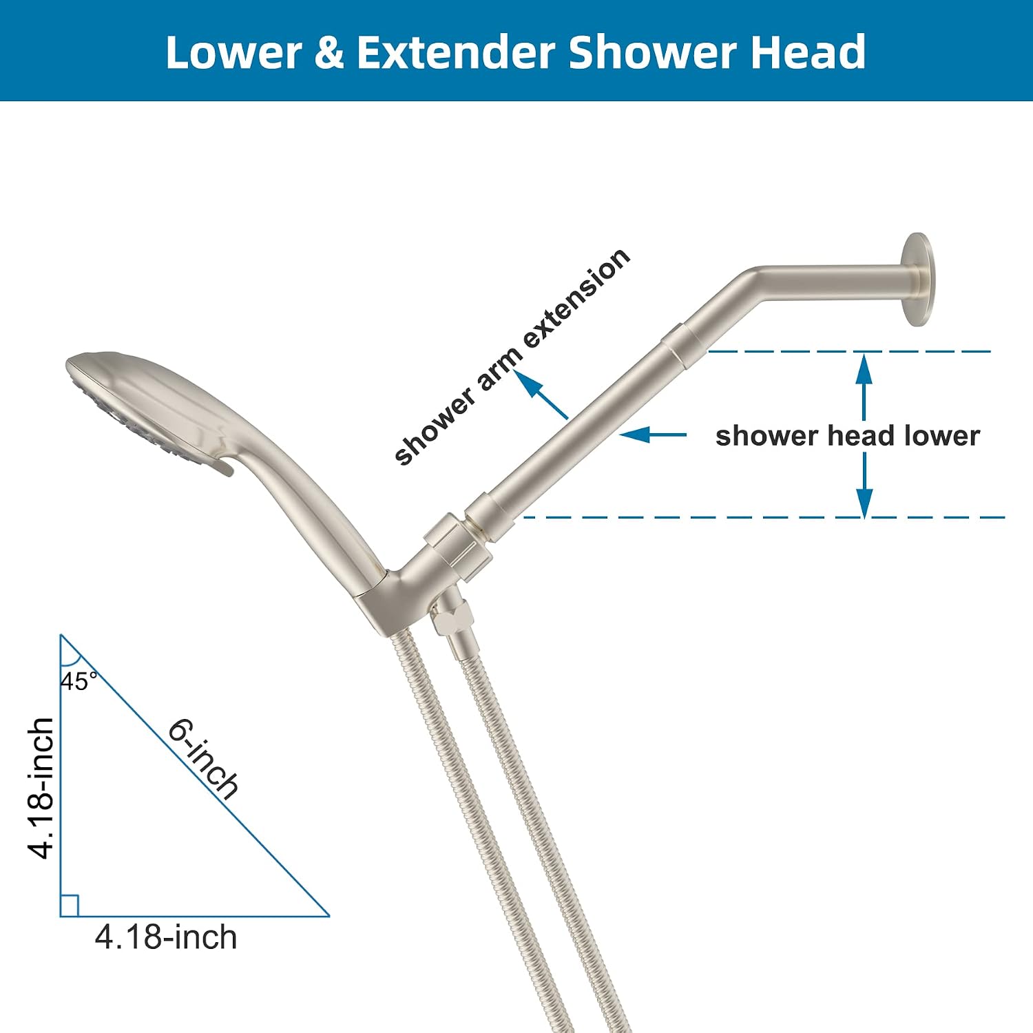 Hibbent All Metal 6 Inch Shower Head Extension Arm, Solid Brass Shower Arm Extension Shower Head Extender, Water Outlet Lowers Existing Shower Head-Lower Shower Head, Brushed Nickel