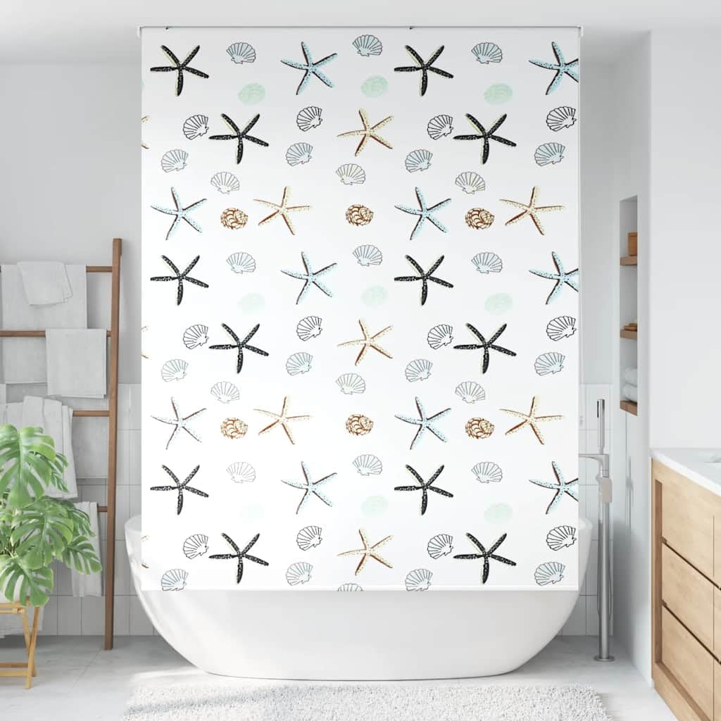 Cortina de ducha enrollable de 160 x 240 cm con patrón de mariscos, material PEVA impermeable, ancho de la tela 156 cm, riel de aluminio, montaje versátil sin necesidad de taladrar, seguro para niños