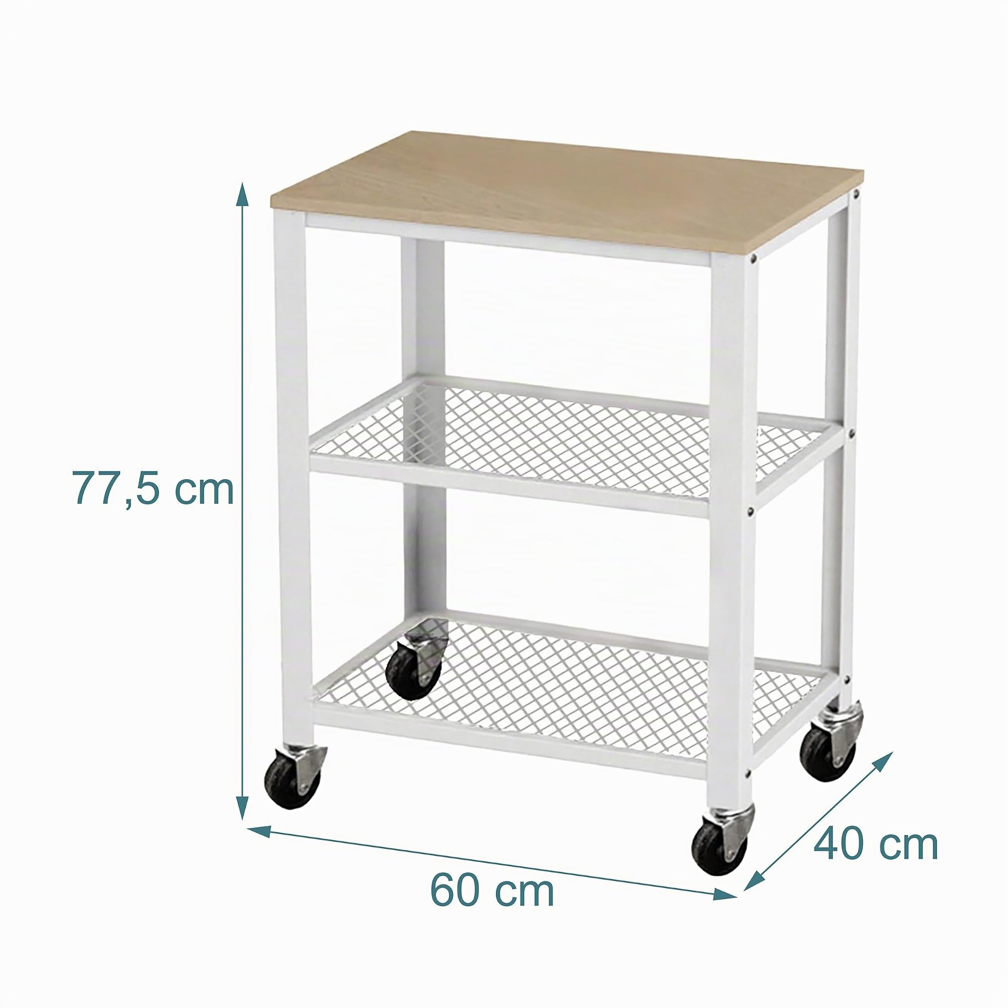 Relaxdays desserte Cuisine 3 Niveaux, Aspect Bois, roulante, Maison/Bureau, 77,5x60x40 cm, métal Brun Clair-Blanc