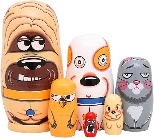 Moonmo 6pcs Handmade Wooden Russian Nesting Dolls Russian Nesting Dolls Cute Dogs Matryoshka Dolls.
