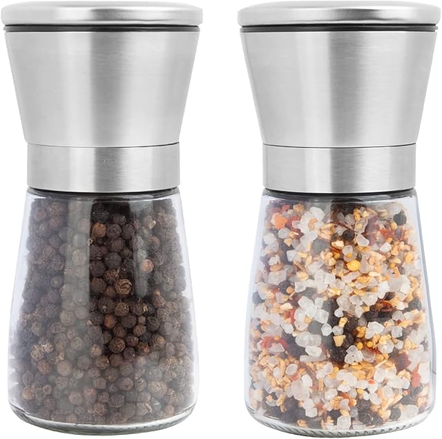 Salt and Pepper Grinder Set of 2 Stainless Steel Glass Salt and Pepper Shakers Salt Grinder and Pepper Mill - 5.5 Inch