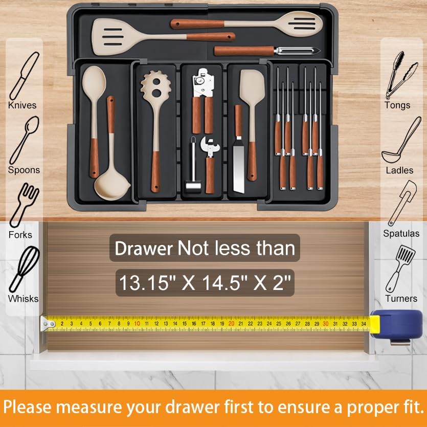 Miniatura 6 de Organizador grande de cajones de utensilios para cocina, organizador de cubiertos expandible, soporte para utensilios, bandeja de cocina y