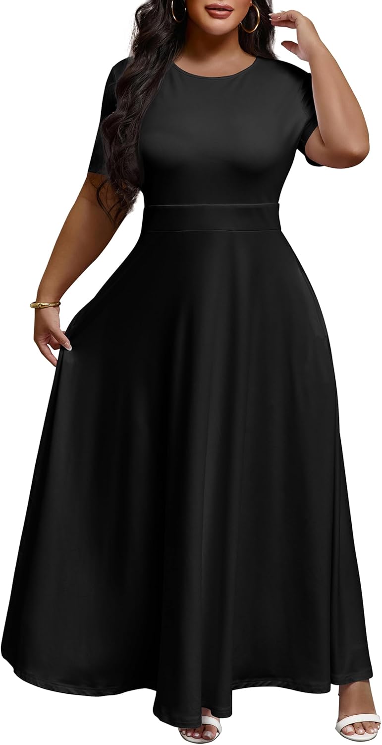 FANDEE Women's Maxi Dress Casual Crewneck Short Sleeve Dresses - Image 2