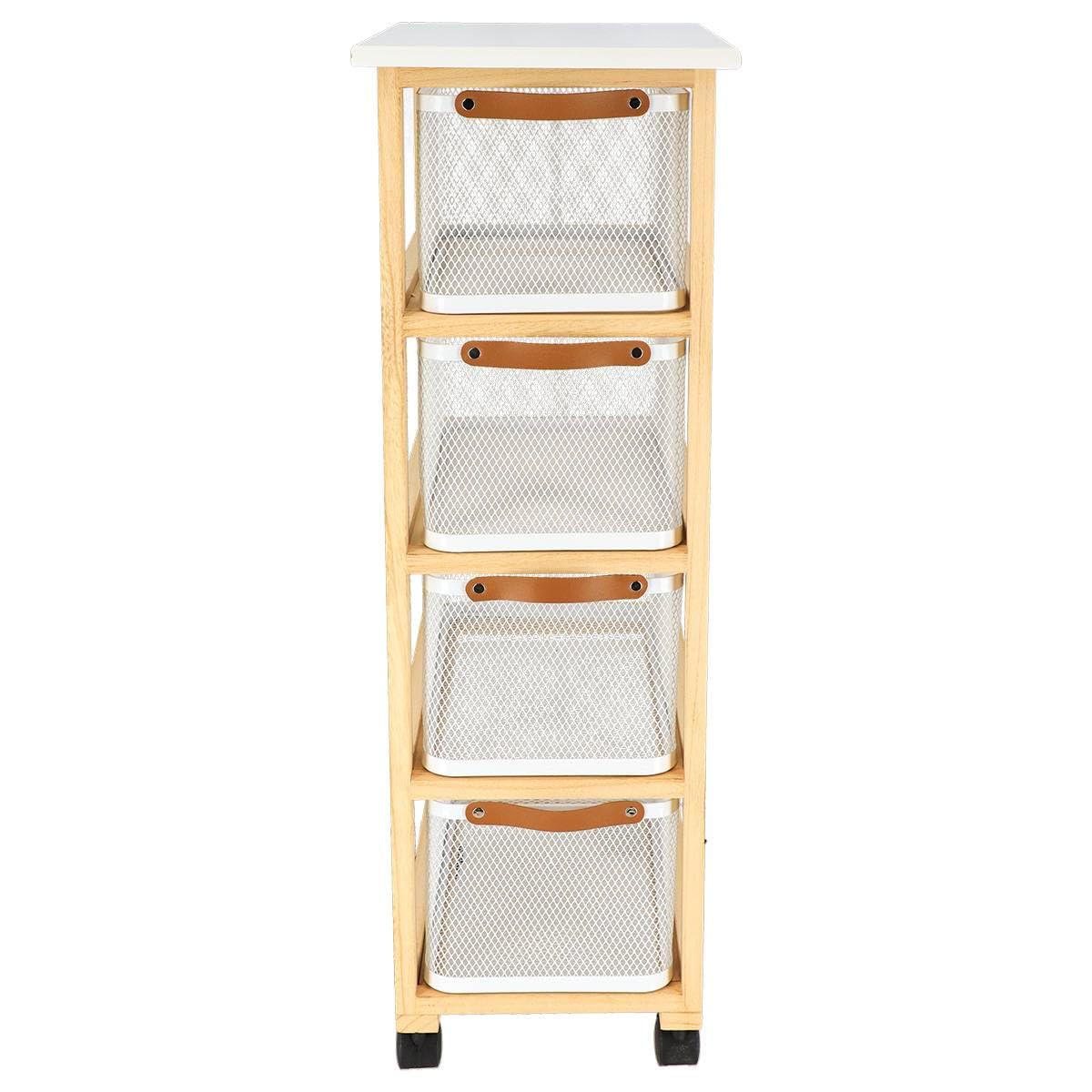 Tendance - Meuble rectangulaire bois sur roulettes 4 paniers metal - blanc/naturel