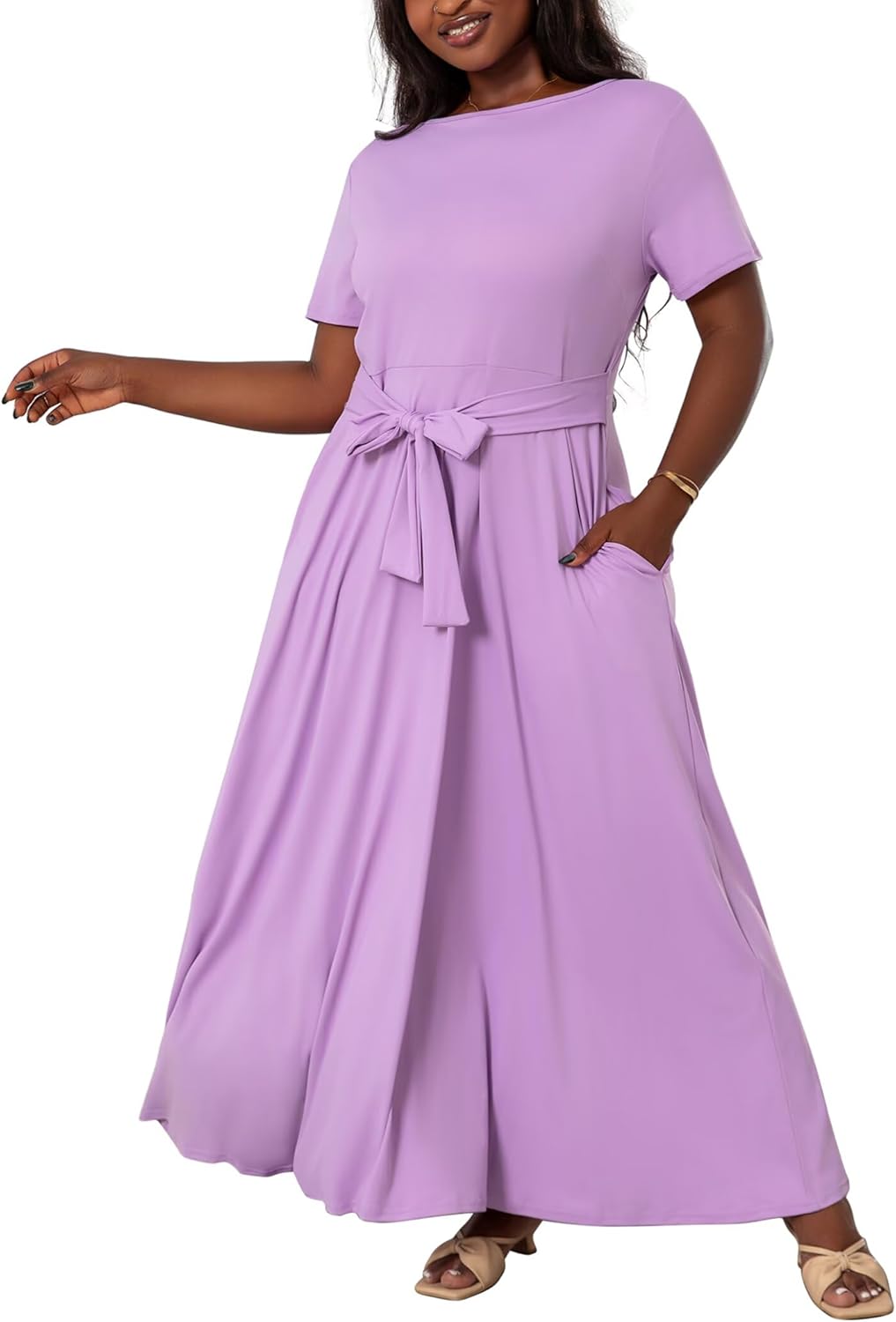 Plus Size Dresses for Curvy Women Soft Comfy Stretchy Short Sleeve High Waist Self Tie Flowy Pleated Maxi Dress