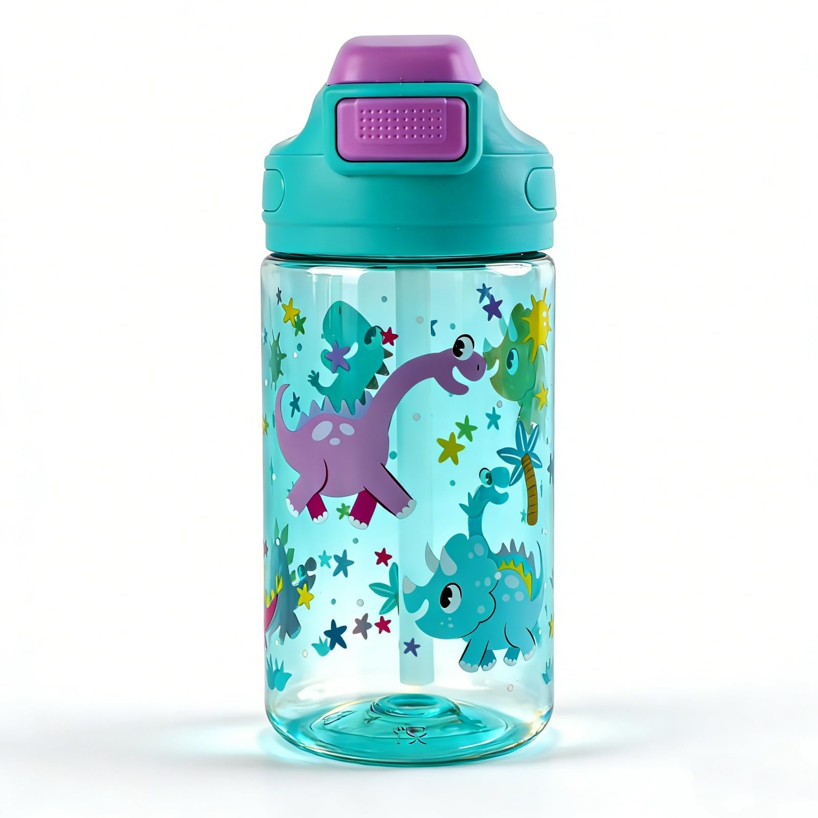 Gourde Enfant, 400ml, Robuste, Incassable, Anti Fuite, Sans BPA, Ouverture par Simple Pression, Facile à Nettoyer, avec Paille, Idéale pour l'École et l'Extérieur (Dinosaure)