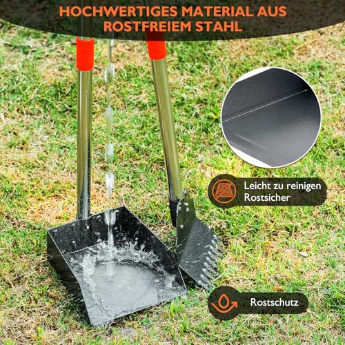 Furggis Hundekotschaufel, 2 Stück Dog Pooper Scooper Hundekotschaufel und Harke Metall Rechen Kehrschaufel für große mittlere kleine Hunde mit Lange verstellbare Griff Rake Waste Removal