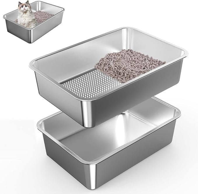 Stainless Steel Litter Box for Kittens, Open Top Sifting Litter Box for Pine Pellets, Metal Pellet Litter Cat Box, Low Dust, Odor Control & Easy Cleaning，60 * 40 * 15cm