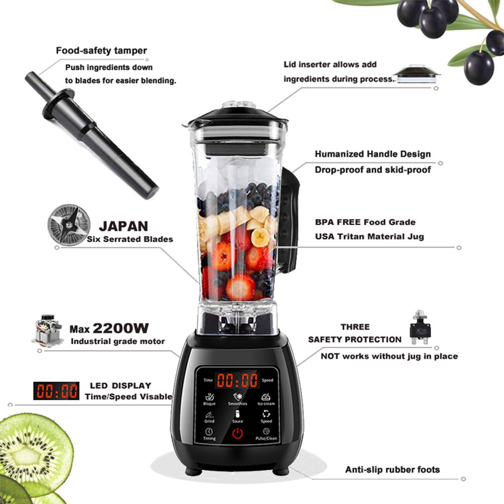 Frullatore Professionale, Frullatore Tritatutto Multifunzione Frullatore Smoothie Elettrico Portatile Frullatore per Alimenti Frullatore Frutta 45000Rpm 2200W,Nero
