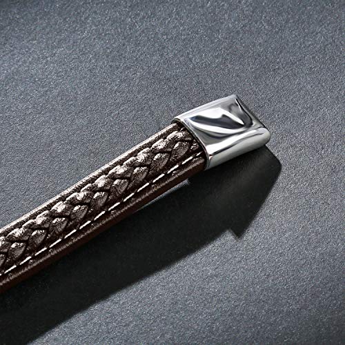 Aizu Viking Bracelet For Men - Brown Genuine Leather And Stainless Steel Bracelets With Silver Magnetic Clasp - Charm Cuff Bangle Wristband For Mens Boys Or Husband 8.3 Inches #TOP5