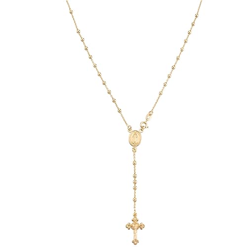 Miabella Italian 925 Sterling Silver or 18K Gold Plated Rosary Bead Cross Y Necklace Chain for Women