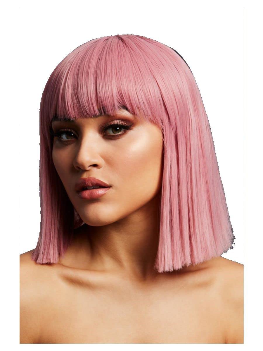 Smiffys Fever Lola Wig, Ash Pink Blunt Cut Bob with Fringe, 30cm/ 12in, Fever Wigs Fancy Dress, Fever Dress Up Wigs