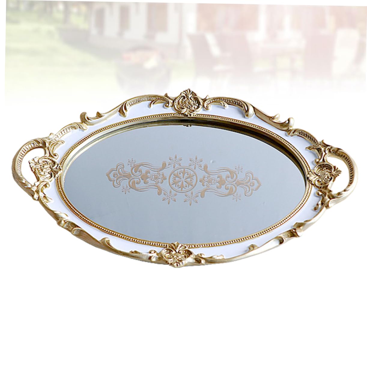 Cabilock Vassoio Decorativo Oval Storage Tray Resina Con Superficie Specchiata Porta Gioielli e Accessori Per Casa Design Floreale Bianco