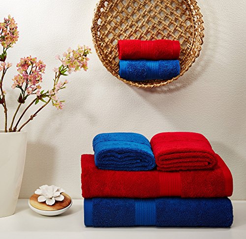 Image of Amazon Brand - Solimo 100% Cotton 6 Piece Towel Set, 500 GSM (Iris Blue and Spanish Red) 100% Cotton 4 Piece Hand Towel Set, 500 GSM (Turquoise Blue and Baby Pink)
