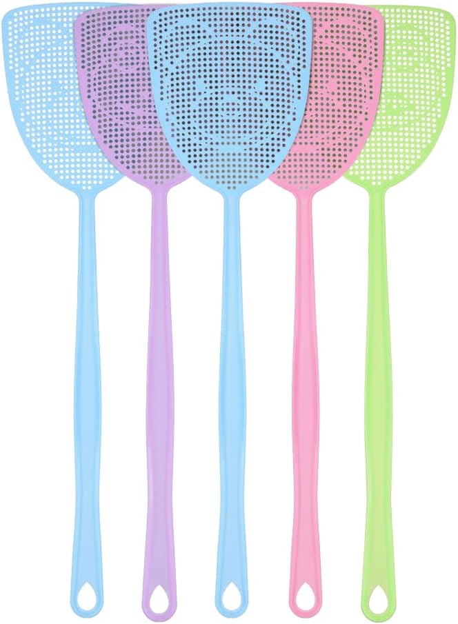 Fly Swatter 5 Pack Plastic Manual Fly Swat Set Heavy Duty with Long Strong Handle Assorted Colors Multi Pack Fly Swatters