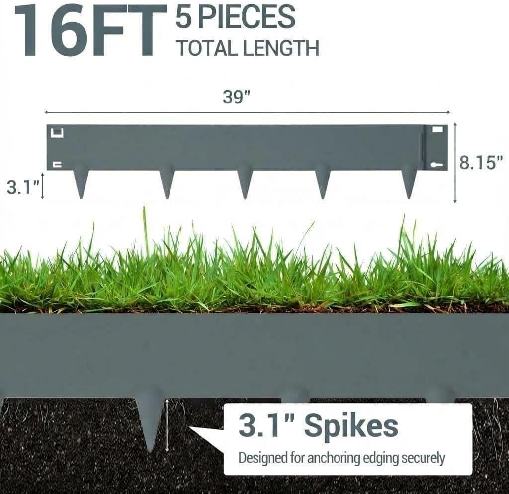 Galvanized Steel Landscape Edging – 5-Pack 39x8.15in Weather-Resistant Bendable Garden Edging with Shark Spikes, Heavy Duty Metal Lawn Edging for Flower Beds, Yards, Pathways – Variant: 39*8