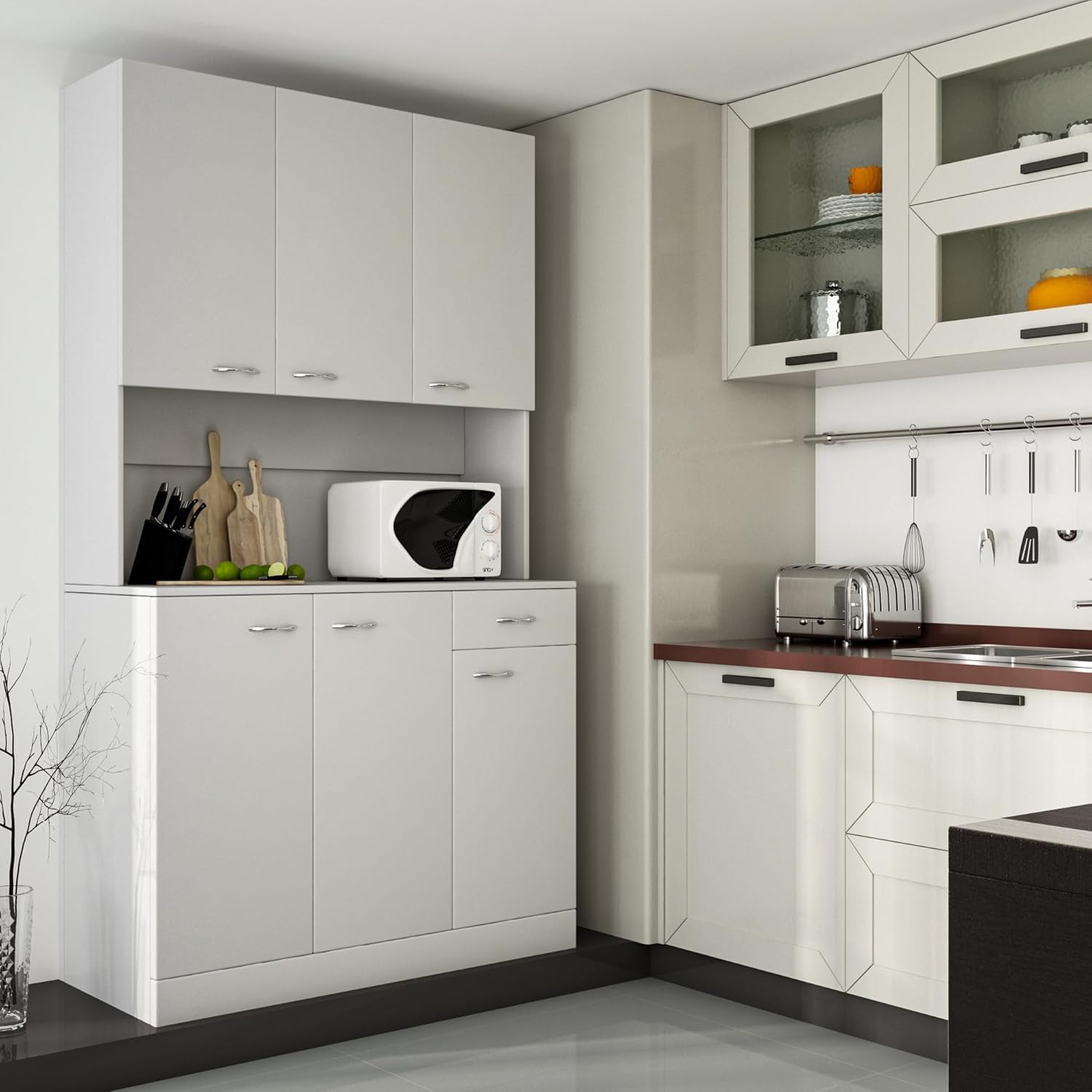 DMAITH 71" White Kitchen Pantry Cabinets with Microwave Stand, 6 Doors & 3 Adjustable Shelves, Freestanding China Cabinet Hutch, Buffet Cabinet with Storage