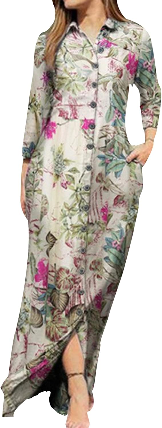 YMING Womens Floral Printed Dresses Long Sleeve Button Down Shirt Dress Lapel Loose Blouse Dress with Pockets